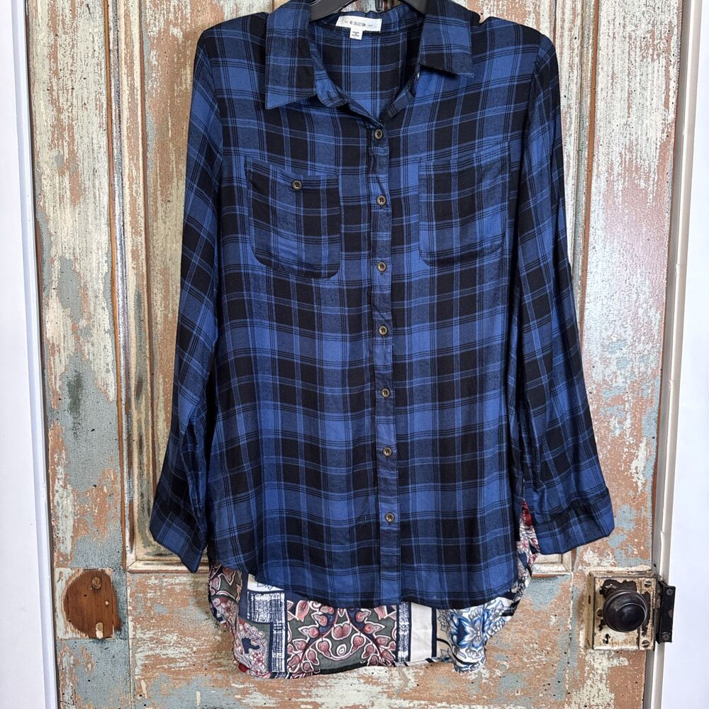 BD Collection Womens L Blue Plaid & Floral  Scarf Back Blouse Collar Button